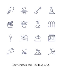 Gardening icon set. Thin line icon. Editable stroke. Containing shovel, hydroponic, carrot, sprout, plant, fence, trowel, vegetable, gardening, watering plants, reed.