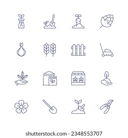 Gardening icon set. Thin line icon. Editable stroke. Containing sprout, agriculture, carrot, hop, tulip, crop, fence, lawn mower, planting, fertilizer, gardening, plant, sakura, shovel.