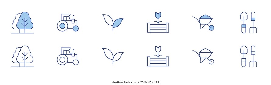 Gardening icon set in two styles, Duotone and Thin Line style. Editable stroke. trees, raised bed, wheelbarrow, gardening tools, farming and gardening, tea leaf.