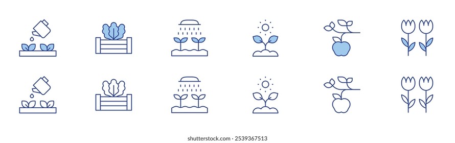 Gardening icon set in two styles, Duotone and Thin Line style. Editable stroke. watering can, raised bed, sun, apple tree, flower, watering.