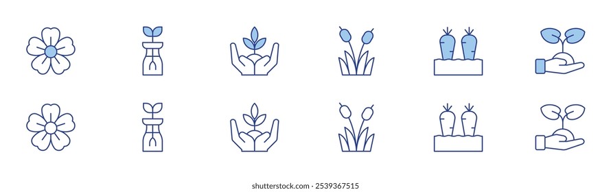 Gardening icon set in two styles, Duotone and Thin Line style. Editable stroke. sakura, sprout, plant, reed, carrots, environmental protection.