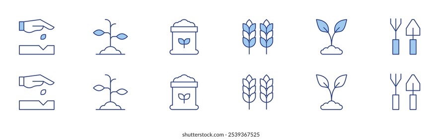 Gardening icon set in two styles, Duotone and Thin Line style. Editable stroke. crop, gardening, gardening tools, seedling, sprout, soil.