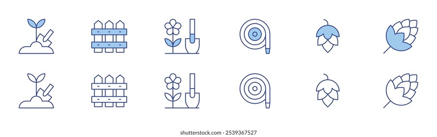 Gardening icon set in two styles, Duotone and Thin Line style. Editable stroke. gardening, fence, hose, hop.