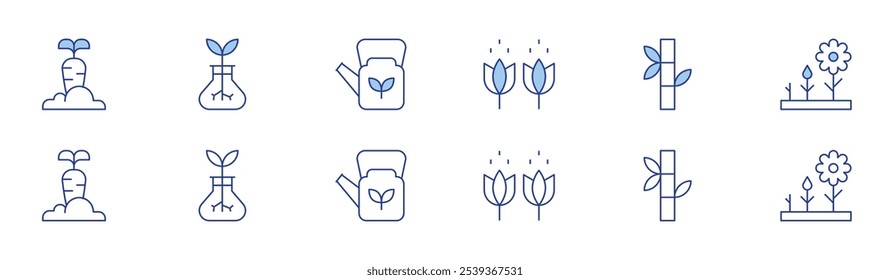 Gardening icon set in two styles, Duotone and Thin Line style. Editable stroke. carrot, pollen, sprout, bamboo, flower, watering can.