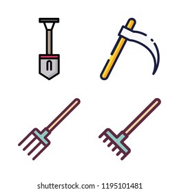 gardening icon set. vector set about rake, pitchfork, shovel and mower icons set.