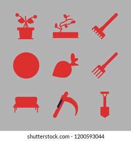 gardening icon set. vector set about mower, bonsai, pitchfork and radish icons set.