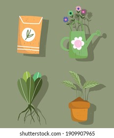 gardening icon set watering can plants and pack seeds hand drawn color vector illustration