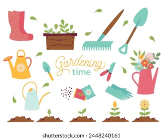 Gardening icon vector set. Garden concept, spring time. Vector illustrations isolated on white background. Design for poster, icon, card, logo, label.
