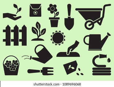 Gardening icons. Black silhouettes. Vector illustration