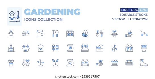 Gardening icons collection. Line Duotone style, editable stroke. crop, gardening, plant, vegetable, plant pot, gardening tools, hose, seedling, compost, leaves, scarecrow, soil.