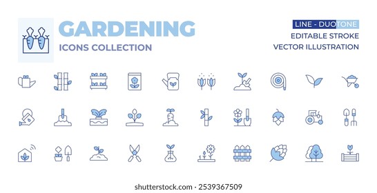 Colección de iconos de jardinería. Línea estilo Duotone, carrera editable. zanahoria, jardinería, polen, brote, manguera, plantas, hidropónico, bambú, regadera, lúpulo, excavación.