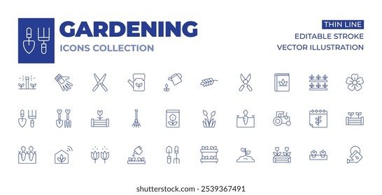 Gardening icons collection. Thin Line icons, editable stroke. gardening, gardening tools, greenhouse, raised bed, shovel and rake, plants, pollen, rake, reed, sprout, watering can.