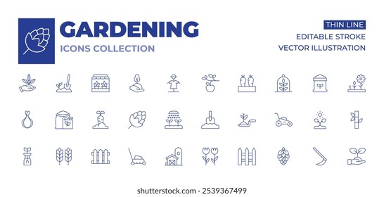 Colección de iconos de jardinería. Iconos de línea fina, carrera editable. cultivo, excavación, fertilizante, flor, zanahoria, valla, jardinería, lúpulo, cortadora de césped, silo, brote, tulipán, riego.