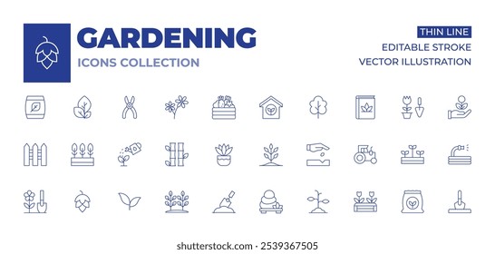 Colección de iconos de jardinería. Bambú, granja, cerca, helecho, jardinería, lúpulo, litoterapia, planta, plántula, brote, hoja de té, agua.