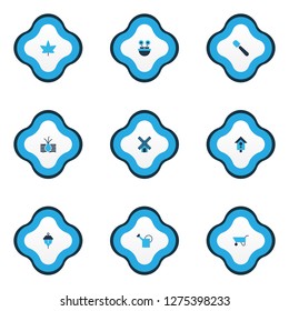 Gardening icons colored set with maple, watering can, windmill and other leaf elements. Isolated vector illustration gardening icons.