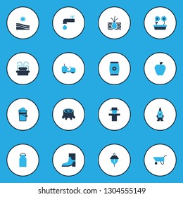 Gardening icons colored set with pail, milk can, crane and other bugaboo elements. Isolated vector illustration gardening icons.