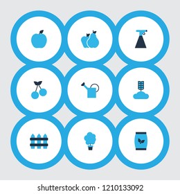 Gardening icons colored set with peach, tree, watering can and other package elements. Isolated vector illustration gardening icons.