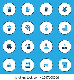 Gardening icons colored set with sun power, onion, pushcart and other rural elements. Isolated vector illustration gardening icons.