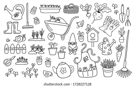 Juego de doodles de iconos de jardinería. Objetos de línea aislados en fondo blanco. Estilo de vida de los países de verano. Herramientas de jardín y plántulas. Cultivo de alimentos orgánicos y saludables. Vida rural en la imagen vectorial de la aldea.