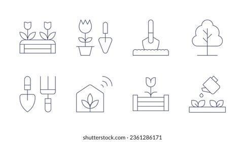 Iconos de jardinería. trazo editable. Consta de jardín, herramientas de jardinería, jardinería, invernadero, cama elevada, pala, árbol, lata de agua.