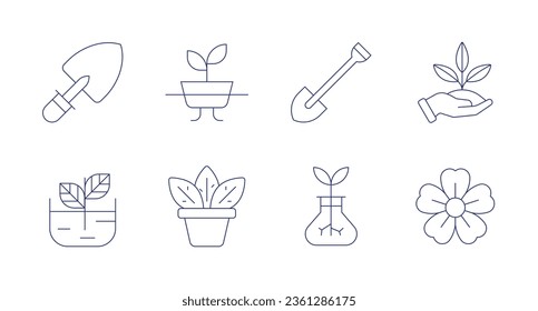 Gardening icons. editable stroke. Containing planting, sakura, hydroponic, plant, shovel, sprout.