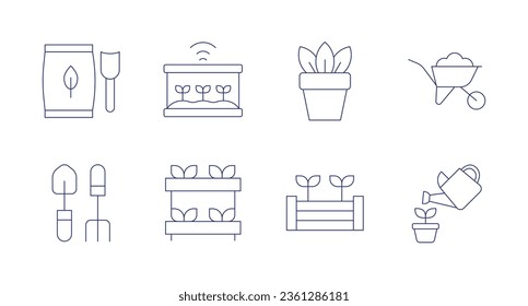 Gardening icons. editable stroke. Containing gardener, gardening tools, plant, plants, plant pot, raised bed, watering plants, wheelbarrow.