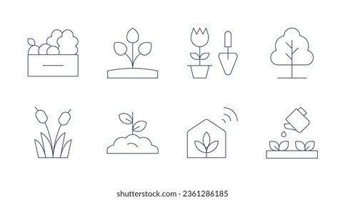 Iconos de jardinería. trazo editable. Conteniendo caña, verdura, brote, jardinería, invernadero, árbol, lata de riego.