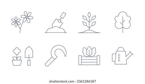 Gartensymbole. bearbeitbarer Strich. Mit Blume, Gartenarbeit, Sichel, Pflanze, Hochbett, Baum, Wasserdose.