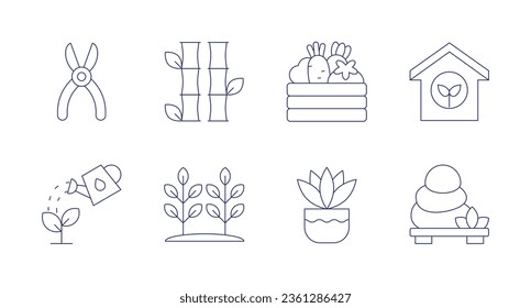Gardening icons. editable stroke. Containing bamboo, farm, crate, fern, horticulture, lithotherapy, secateurs, water.