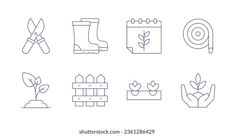 Gardening icons. editable stroke. Containing boots, fence, harvest, hydroponics, hose, plant, shears, sprout.