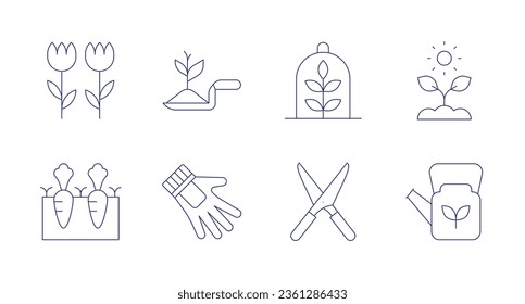 Gardening icons. editable stroke. Containing flower, gardening, gloves, plant, pruning shears, sun, watering can.