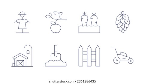 Gardening icons. editable stroke. Containing apple tree, digging, carrots, fence, hop, lawn mower, scarecrow, silo.