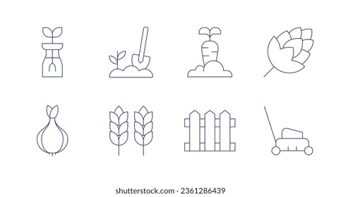 Gardening icons. editable stroke. Containing agriculture, crop, carrot, fence, hop, lawn mower, sprout, tulip.