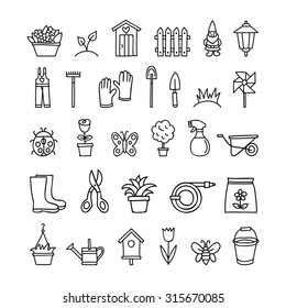 Gardening icons hand drawn tools, flowers, plants, agriculture black outline nature symbols