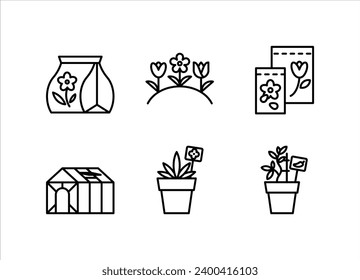 Iconos de jardinería. Tema de la Horticultura - fertilizantes, semillas, lecho de flores, invernadero, plántulas, macetas de flores. Floricultura y un concepto de cultivo. Forma simplista de iconos, trazo fino, línea editable