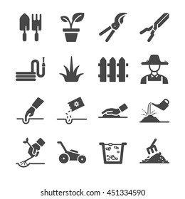 Gardening icons. Included the icons as garden, gardener, planting, tree, grass, fence and more.