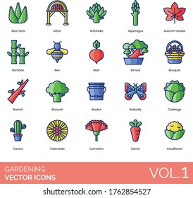 Gardening icons including aloe vera, arbor, artichoke, asparagus, autumn leaves, bamboo, bee, beet, bonsai, bouquet, branch, broccoli, bucket, butterfly, cabbage, cactus, calendula, carnation, carrot.