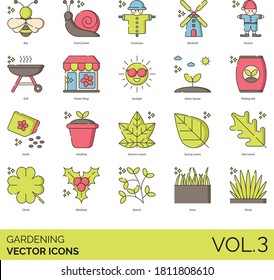 Gardening icons including bee, snail control, scarecrow, windmill, gnome, grill, flower shop, sunlight, green sprout, potting soil, seed, seedling, autumn, spring, oak leaves, clover, mistletoe, grass
