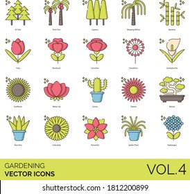 Gardening icons including fir, palm tree, cypress, weeping willow, bamboo, tulip, rose bush, carnation, dandelion, zantedeschia, cactus, daisy, bonsai, aloe vera, calendula, poinsettia, spider plant.