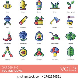 Gardening icons including garlic, gloves, gnome, grass, green sprout, grill, handsaw, harvest, hatchet, honey, hot pepper, hydrangea, lantern, lawnmower, lettuce, loppers, melon, mistletoe, mushroom.