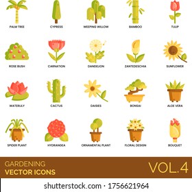 Gardening icons including palm tree, cypress, weeping willow, bamboo, tulip, rose bush, carnation, dandelion, zantedeschia, sunflower, water lily, cactus, daisy, bonsai, aloe vera, hydrangea, bouquet.