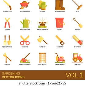 Gardening icons including pruning saw, wheelbarrow, gloves, rubber boots, rake, pruner, watering can, water sprinkler, bucket, shovel, fork, trowel, scissors, hatchet, handsaw, chainsaw, lawnmower.