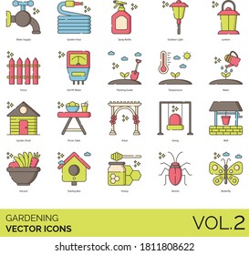 Gardening icons including water supply, garden hose, spray bottle, outdoor light, lantern, fence, soil PH meter, planting guide, temperature, shed, picnic table, arbor, swing, harvest, starling box.