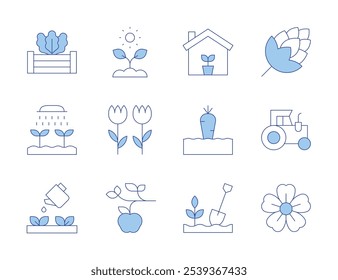 Iconos de jardinería. Línea de estilo Duotone, estilo editable de carrera. agricultura, semillas, regadera, zanahorias, cama elevada, sol, manzano, flor, riego, sakura, agricultura y jardinería, lúpulo.