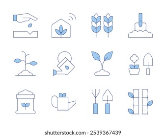 Gardening icons. Line Duotone style, editable stroke. crop, gardening, gardening tools, greenhouse, seedling, sprout, bamboo, watering can, soil, digging.