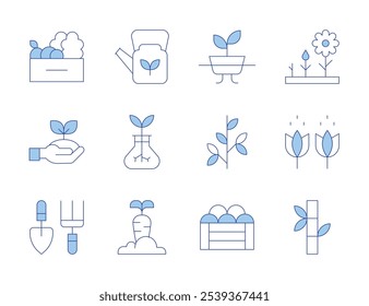 Gardening icons. Line Duotone style, editable stroke. carrot, harvest, pollen, hydroponic, vegetable, sprout, branch, gardening tools, bamboo, flower, watering can.