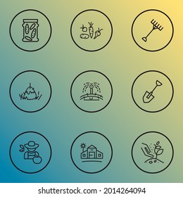 Gardening icons line style set with farm house, hay bale, farmer and other vegetable elements. Isolated vector illustration gardening icons.