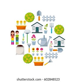 gardening icons on circle shape over white background. colorful design. vector illustration