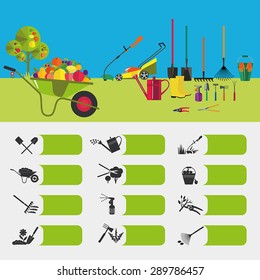 Gardening. Icons on the theme of organic farming. Symbols stages of cultivation of plants. Garden tools and accessories.