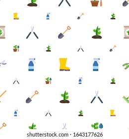 gardening icons pattern seamless. Included editable flat Shovel, Rubber boots, Gardening, Gardening scissors, Spray bottle, Plant, Garden pruner icons. icons for web and mobile.